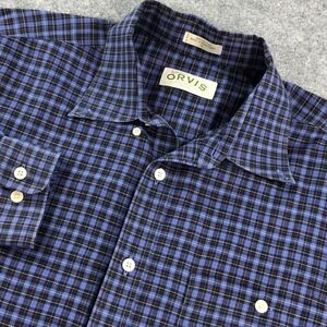 Orvis Mens Button Down Shirt XL Plaid Check Long Sleeve Blue Black Cotton